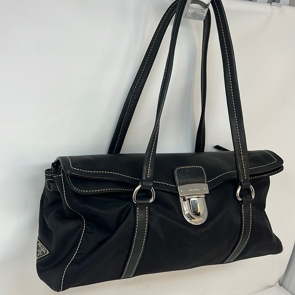 Prada Black Tessuto Nylon Cervo Leather Antic Easy Flap Shoulder Bag - Picture 1 of 16